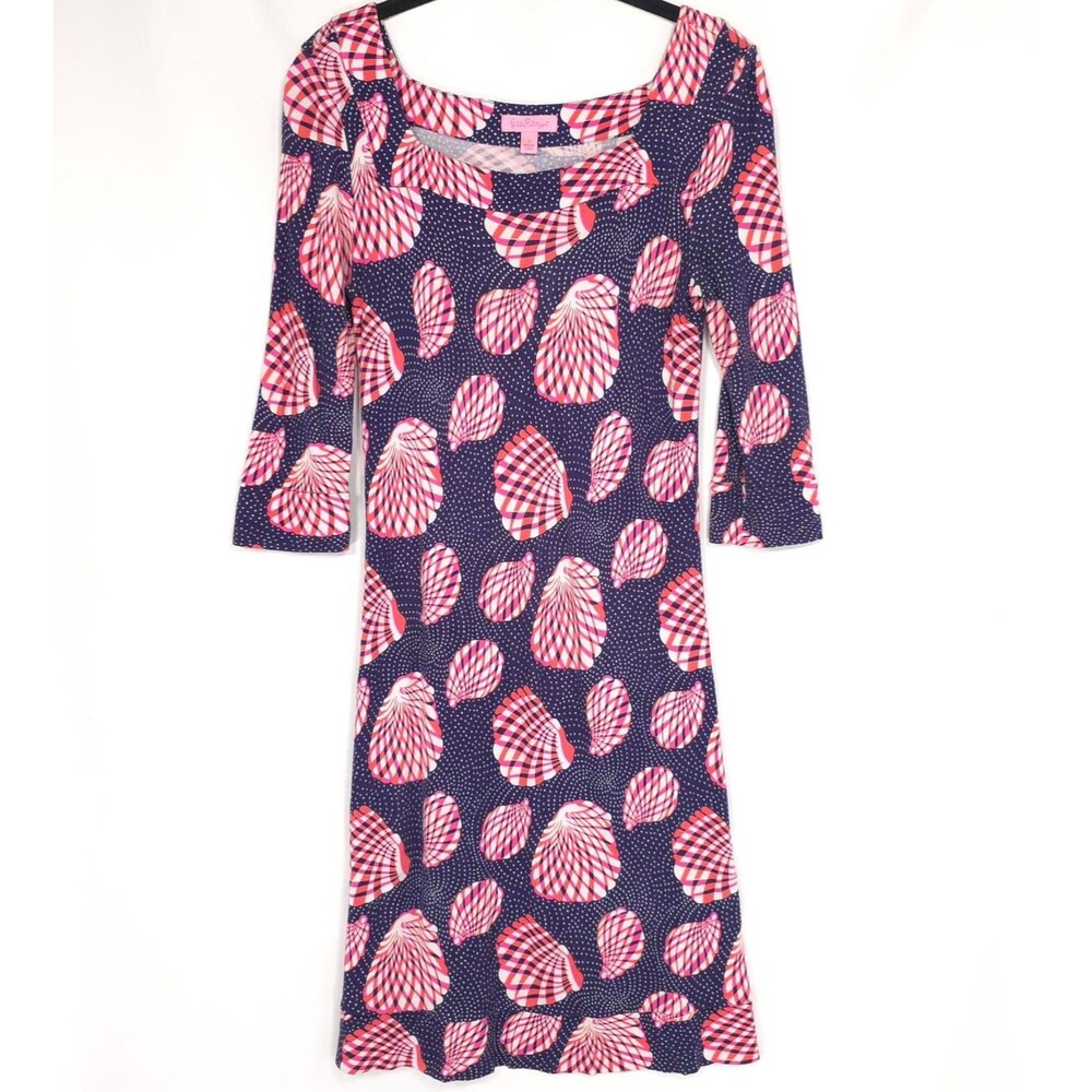 Lilly Pulitzer Shell Print Dress Size SMALL Pink Navy Scoop Neck 3/4 Sleeve